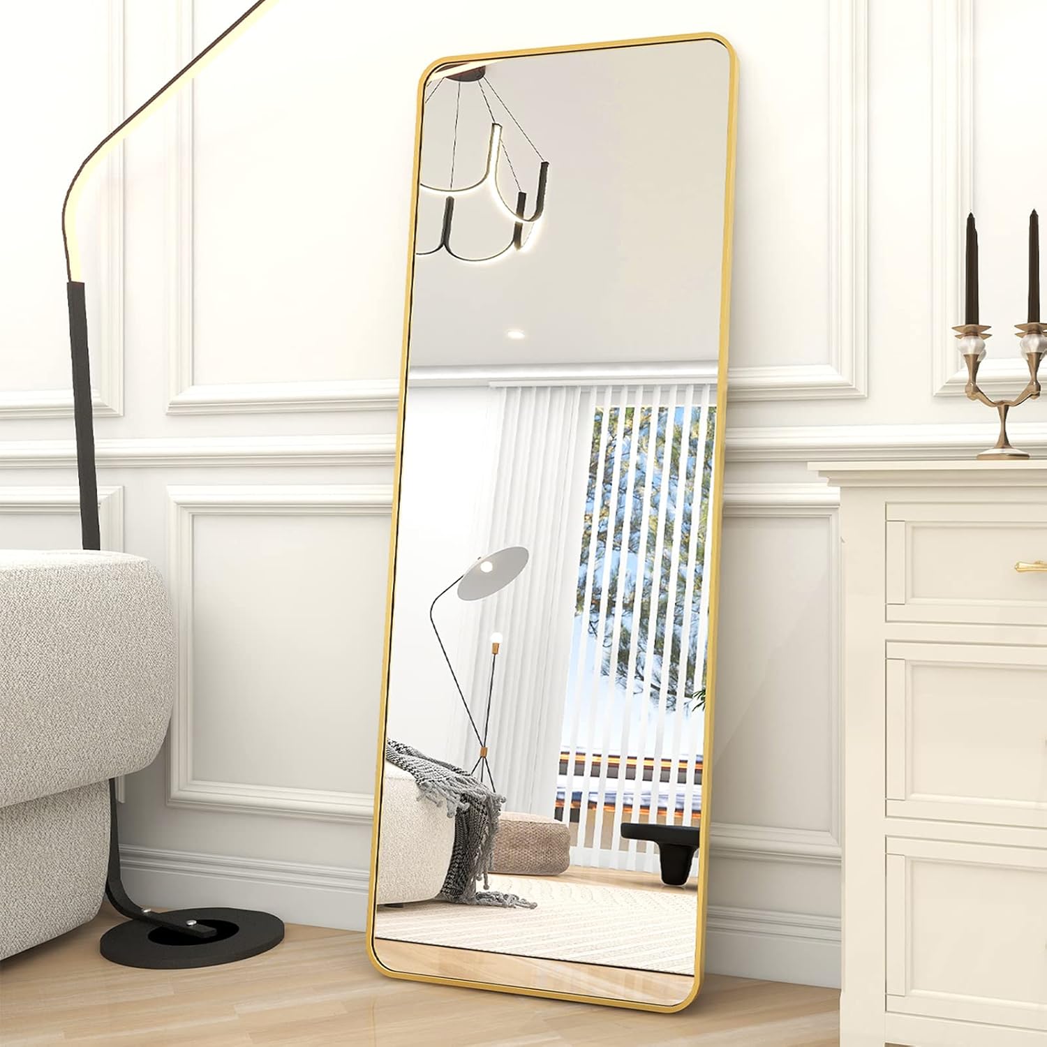 Mirrors - BEAUTYPEAK Full Length Mirror Standing Mirror 21x64, Large Rectangle Rounded Corner Floor Mirror, Rounded Corners with Aluminum Alloy Frame, Gold