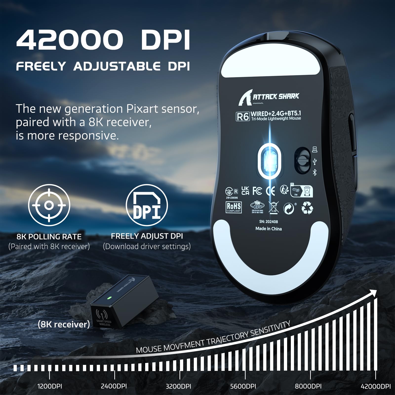 ATTACK SHARK R6 Lightweight Wireless Gaming Mouse,PAW 3950Max Sensor Computer Mouse with Nordic 52480,8KHz Polling,42K DPl,OMRON Optaicl Switch,USB-C Charging,7 Programmable Buttons(Black & Sticker)