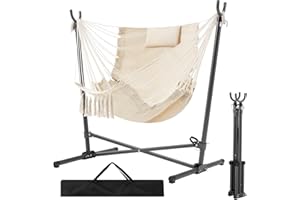 Homgava Folding Hammock Stand with Chair,Heavy-Duty Hanging Chair with Stand, for Patio, Lawn and Outdoors,Sturdy Swing Chair with Stand,with Headrest and Side Pocket,Max Load 450 pounds(White)