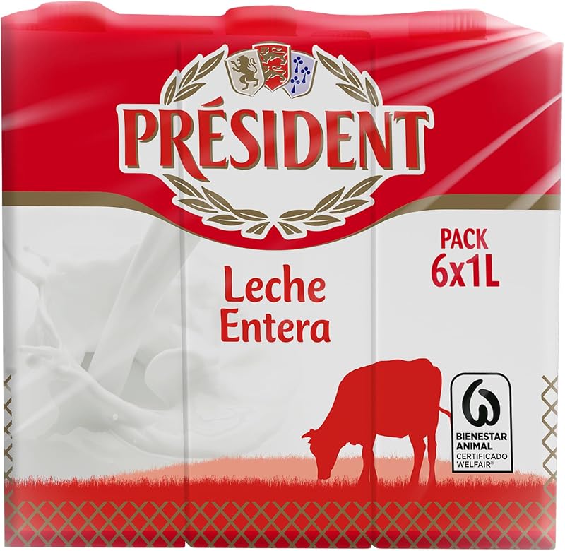 - Leche Président Entera, Leche Natural de Galicia, Fuente de Calcio y Proteínas,Sin Gluten, Bienestar Animal, Pack 6 x 1 L