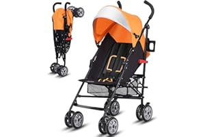 BABY JOY Lightweight Compact Travel Stroller - Infant to Toddler with Adjustable Backrest & Canopy, Cup Holder, Storage Basket, 5-Point Harness, Easy Fold - Orange