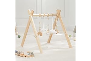 Comfy Cubs Baby Play Gym - Natural Finish Pinewood Baby Activity Center with 5 Sensory Hanging Toys - Easy No-Tool Assembly B