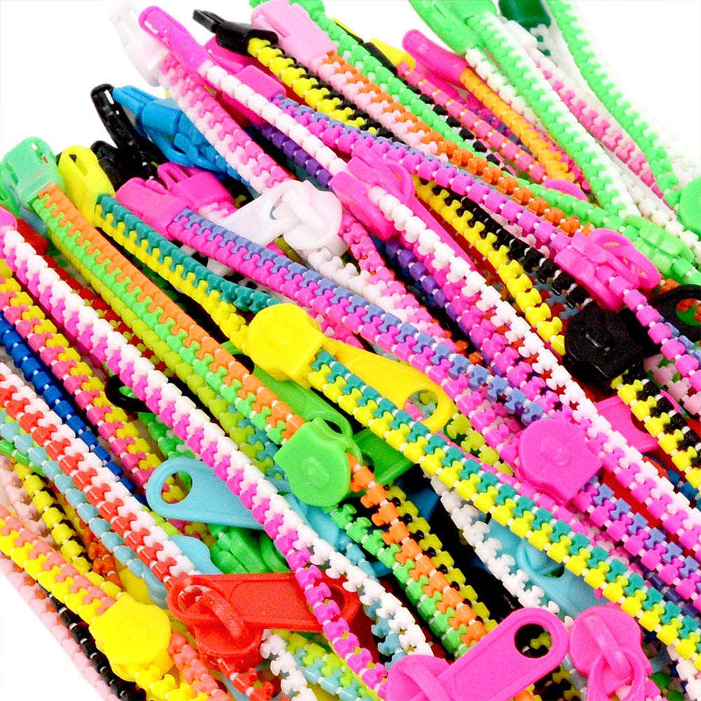 LovesTown 55pcs Mixed Color Friendship Violin Zipper Bracelets, 7.5 Inches Fidget Bracelet Neon Friendship Bracelets Zipper Toy Party Favors for Kids