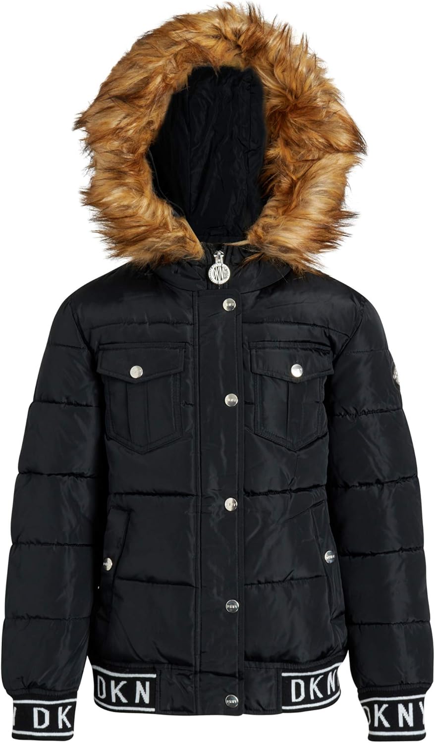 DKNY Girls' Heavyweight Quilted Bubble Jacket with Snap and Zip Closure and Removable Fur Hood: Clothing