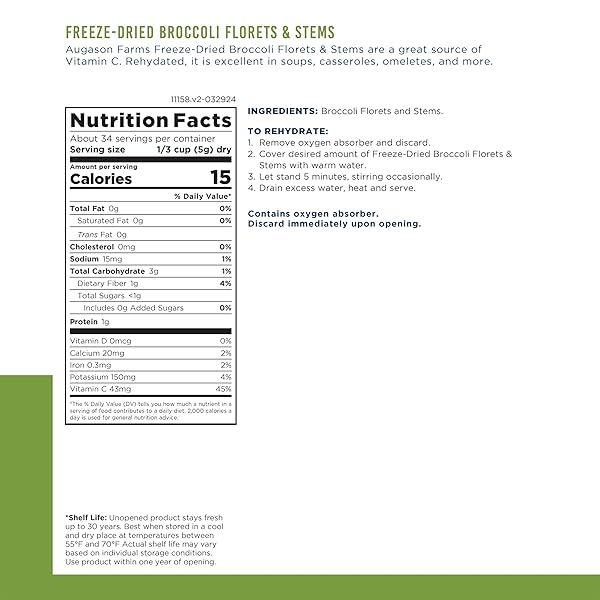 FREEZE DRIED BROCCOLI FLORETS AND STEMS EMERGENCY FOOD SUPPLY, 34 SERVINGS, 30 YEAR SHELF LIFE, GOOD SOURCE OF VITAMIN C – DEHYDRATED MEALS, SURVIVAL FOOD CAMPING ESSENTIALS CAN