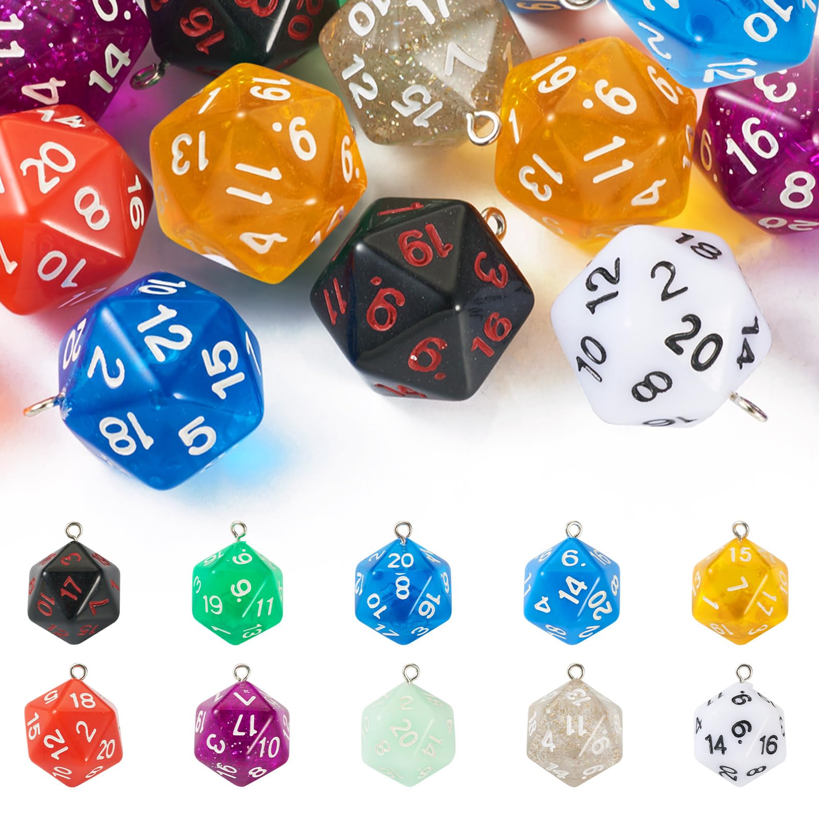 Boutigem 20Pcs Number Dice Resin charms d20 Dice Sided Number Dice Pendants for Jewelry Making Pendants Keychains Dangles Hanging Decoration
