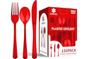 JSQBSECL 150 Pack Plastic Silverware,Disposable Cutlery Set Heavy Duty Utensil Sets 50 Forks 50 Knives 50 Spoons for Brithday, Wedding,Home Office School Party Picnics (Red Clear)