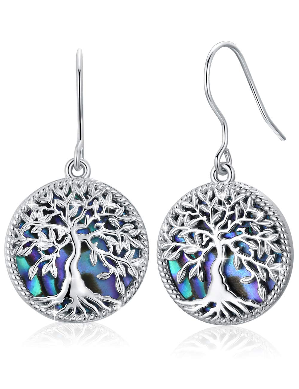 Tree of Life Dangle Earrings for Women, 925 Sterling Silver Abalone Shell Family Tree Drop Hook Earrings, Birthday Jewellery Gifts for Women Girls