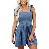 SOMTHRON Women's Sleeveless Denim Mini Dress Tie Shoulder Pleated A Line Swing Flowy Jean Short Dress