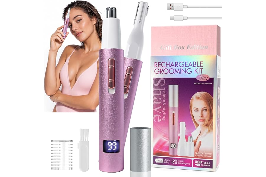 Beanify Nose & Ear Hair Trimmer with LED Display for Men and Women, 2026 USB Rechargeable Facial Trimmer Clipper for Easy Cleansing, Portable Painless Grooming Kit,Gift Box Included (Pink)