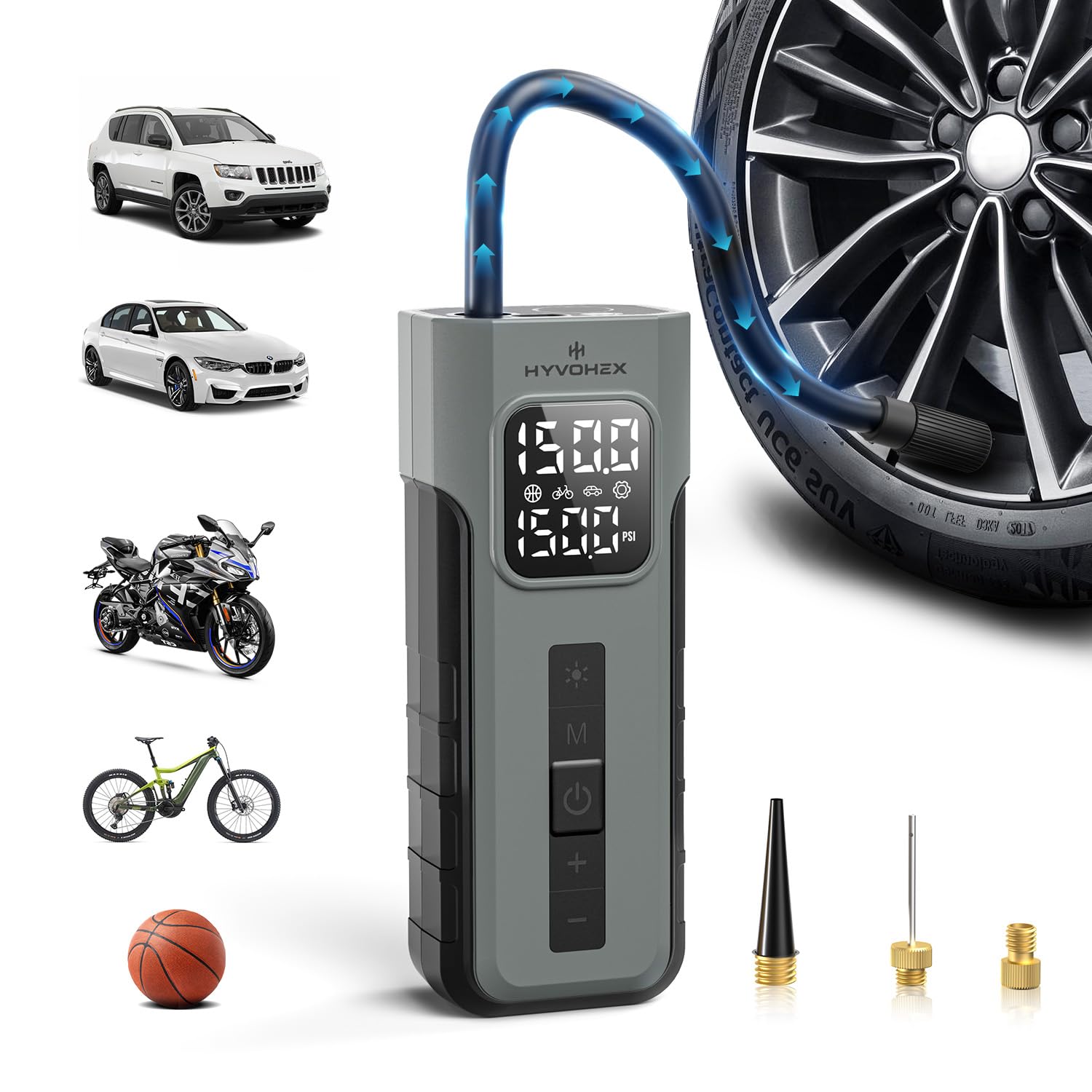 Photo 1 of **missing parts**HYVOHEX Tire Inflator Portable Air Compressor, 1 Min Fast Inflation Cordless Bike Pump with Digital Pressure Gauge LED Light, 150 PSI Electric Air Pump for Car Tires, Bicycle, Motorcycle, Ball (Grey)