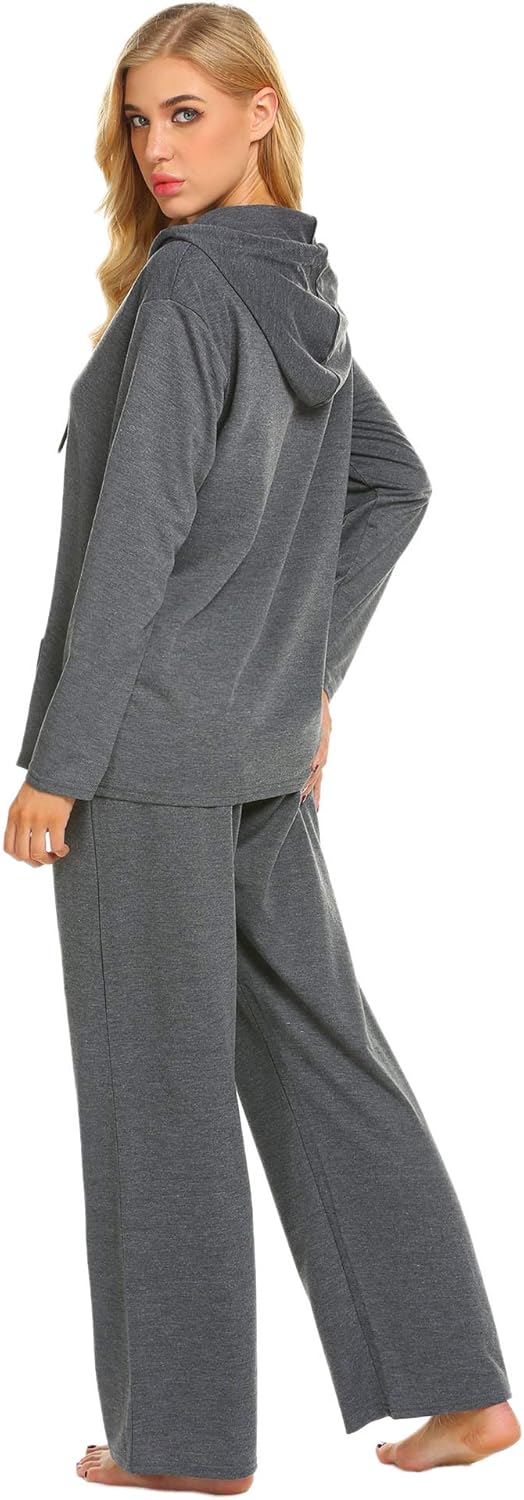 Ekouaer Sleepwear Women Long Sleeve Hooded Sweatshirt Casual Loungewear Wide Leg with Pocket Pajama Set Winter at  Women’s Clothing store
