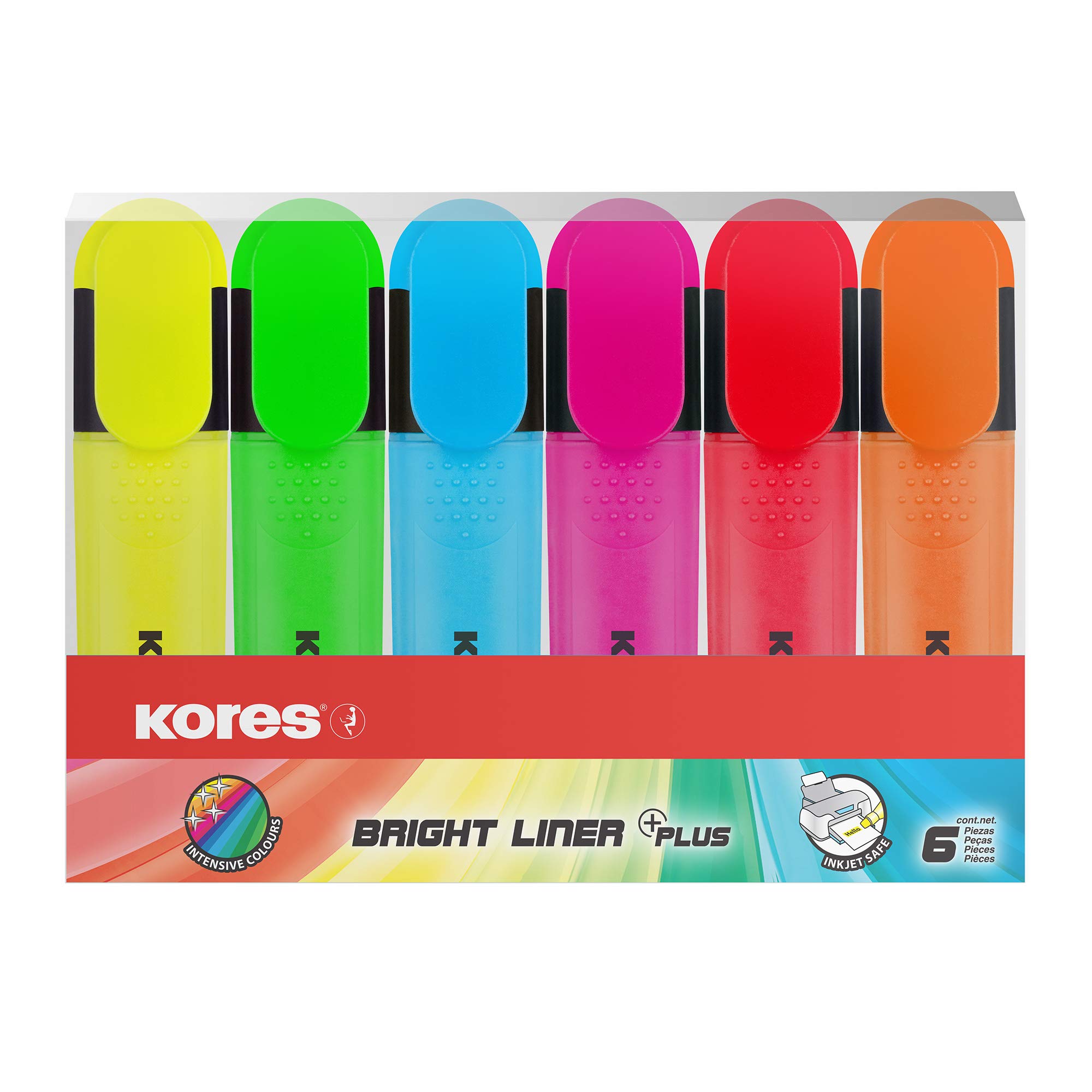 Kores - Fluorescent Highlighter Pen - Bright Liner, Fluorescent, Universal Water Based-Ink Highlighter Pen with Ergonomic Shape - Stationery School Supplies, Office Supplies - Pack of 6