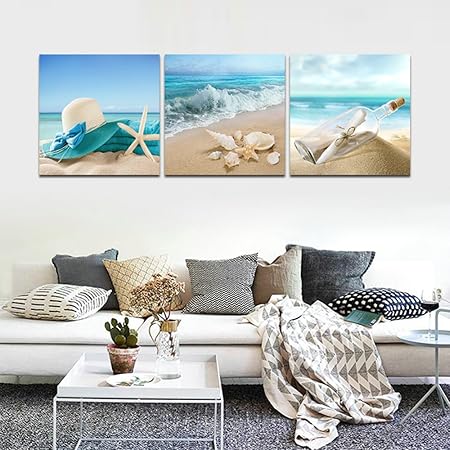 Crmoart 3 Panneau Paysage Peinture Murale Art Mural Plage