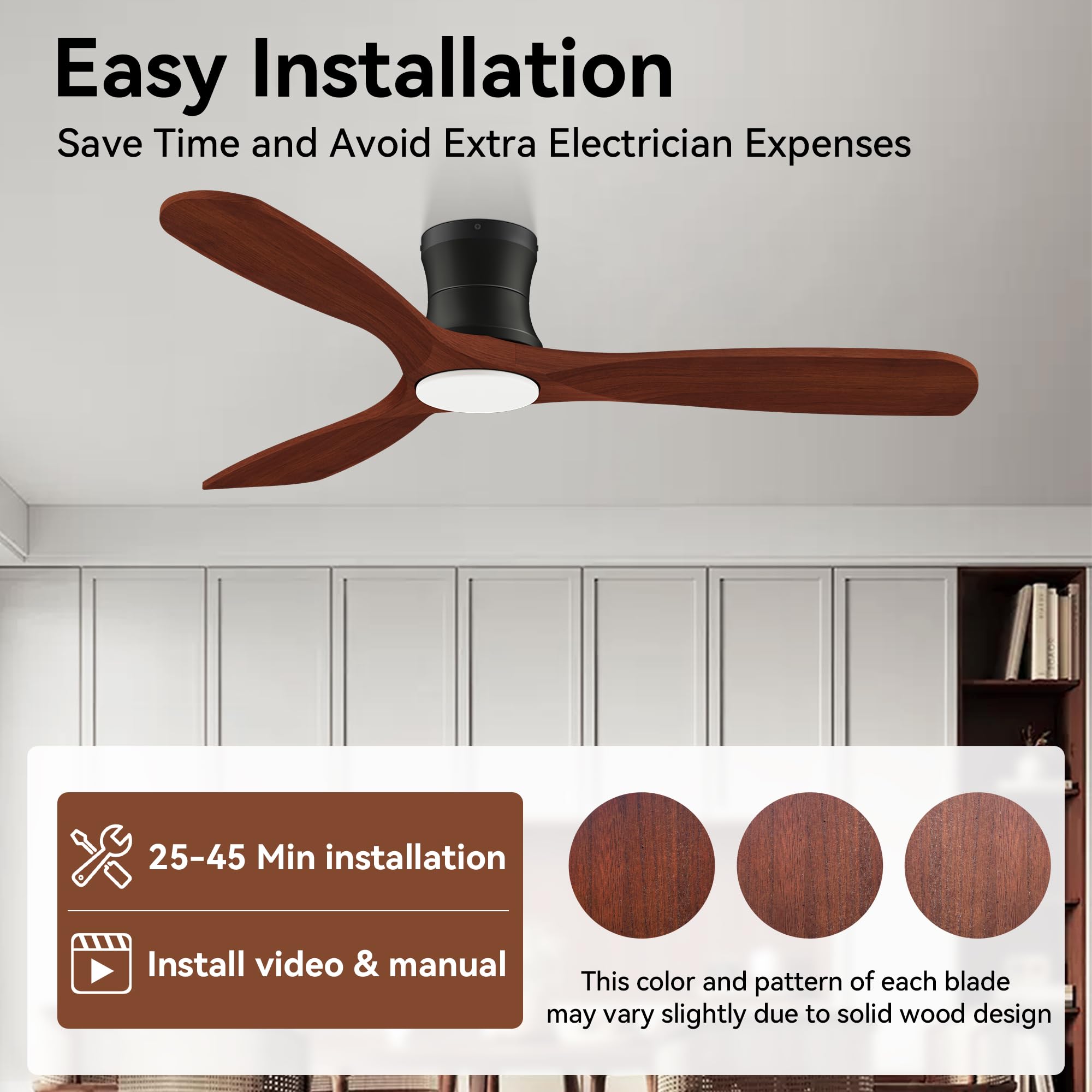 52” Smart Low Profile Ceiling Fans with Lights Remote,3 Wood blade,Quiet DC Motor,Outdoor Indoor Flush Mount Ceiling Fan,Voice Control via WIFI Alexa App,Modern Lighting& Ceiling fan for Bedroom Patio