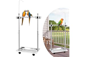 Tandefio Parrot Stand Bird Play Stand 21.65 x 15.35 x 27.95 Inches Large Metal Stainless Steel Bird Playstand Adjustable Height Perch with Universal Wheels and Feeding Bowls