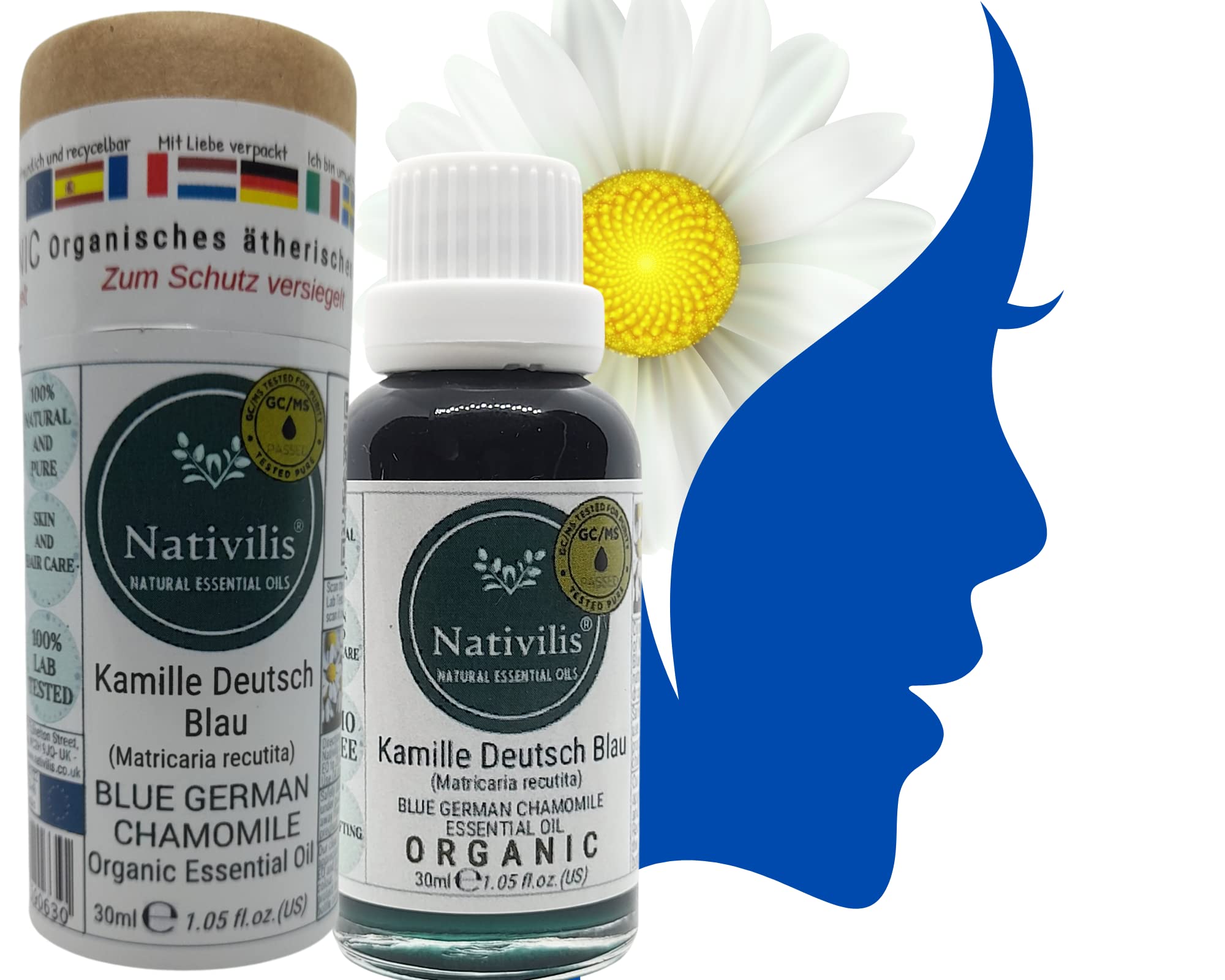 Nativilis Camomile German Blue (Matricaria recutita) Organic Essential Oil - Anti-inflammatory, Soothing, Skin Care Natural Solution for Hair Lice and Dandruff - Chamazulene Aromatherapy Copaiba