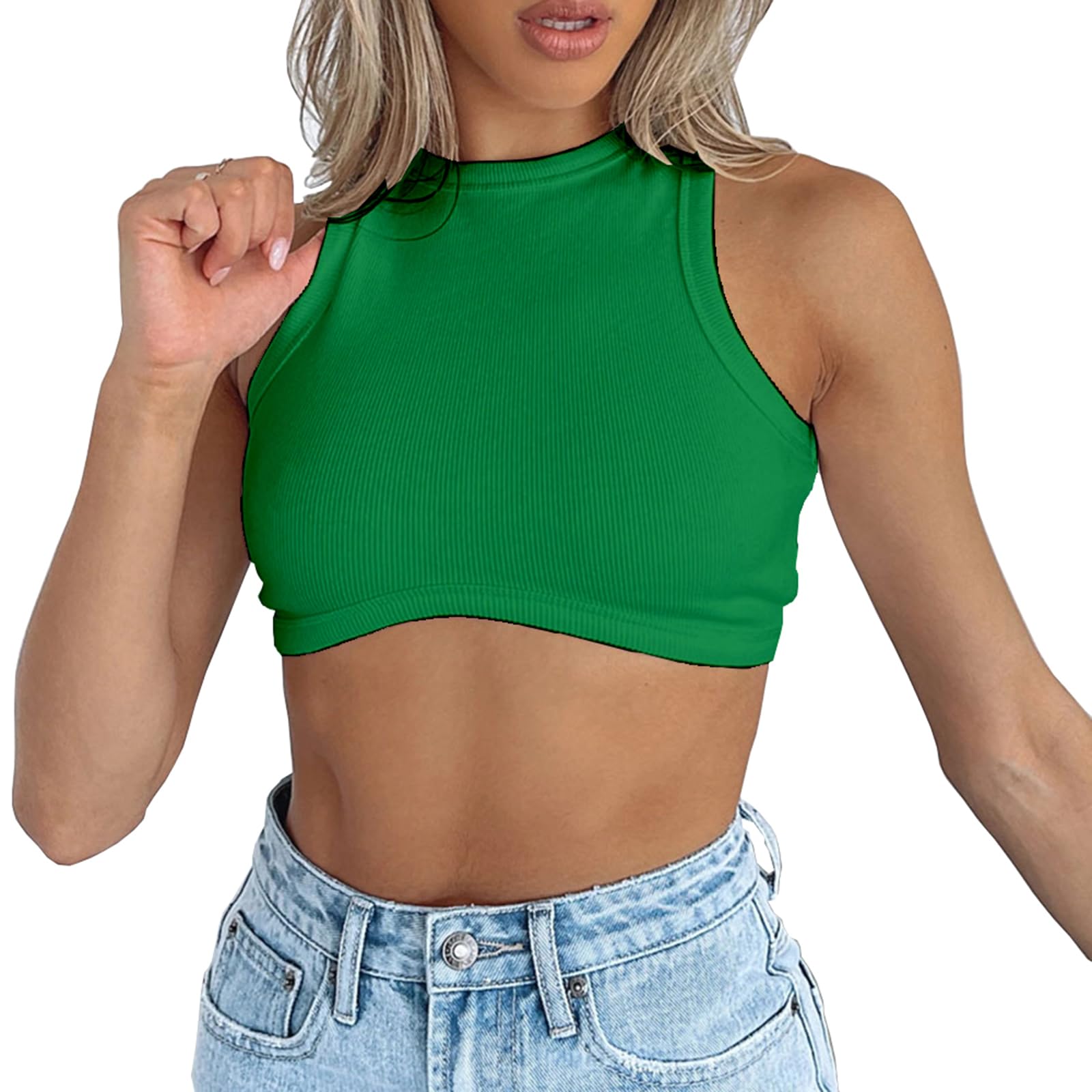 Photo 1 of Dwnval Sexy Sleeveless Crewneck Tank Top Ribbed Knitted Crop Tops for Women(Green,L)