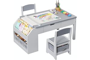 JOCOEVOL 5-in-1 Kids Art Table and Chairs, Toddler Table and Chair Set, Craft Play Desk for Kids, Convertible Art Easel with Paper Roll Holder & Storage Drawers, Children Activity Learning Center-Gray