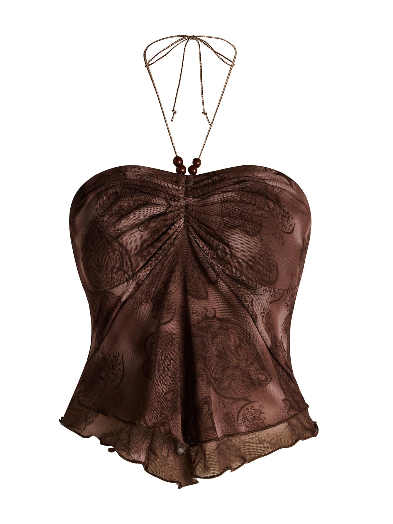 Photo 1 of BEAUDRM Women's Y2k Halter Top Ruched Lettuce Trim Beaded Cami Crop Tube Top Asymmetrical Hem Backless Boho Cami Dark Brown Medium