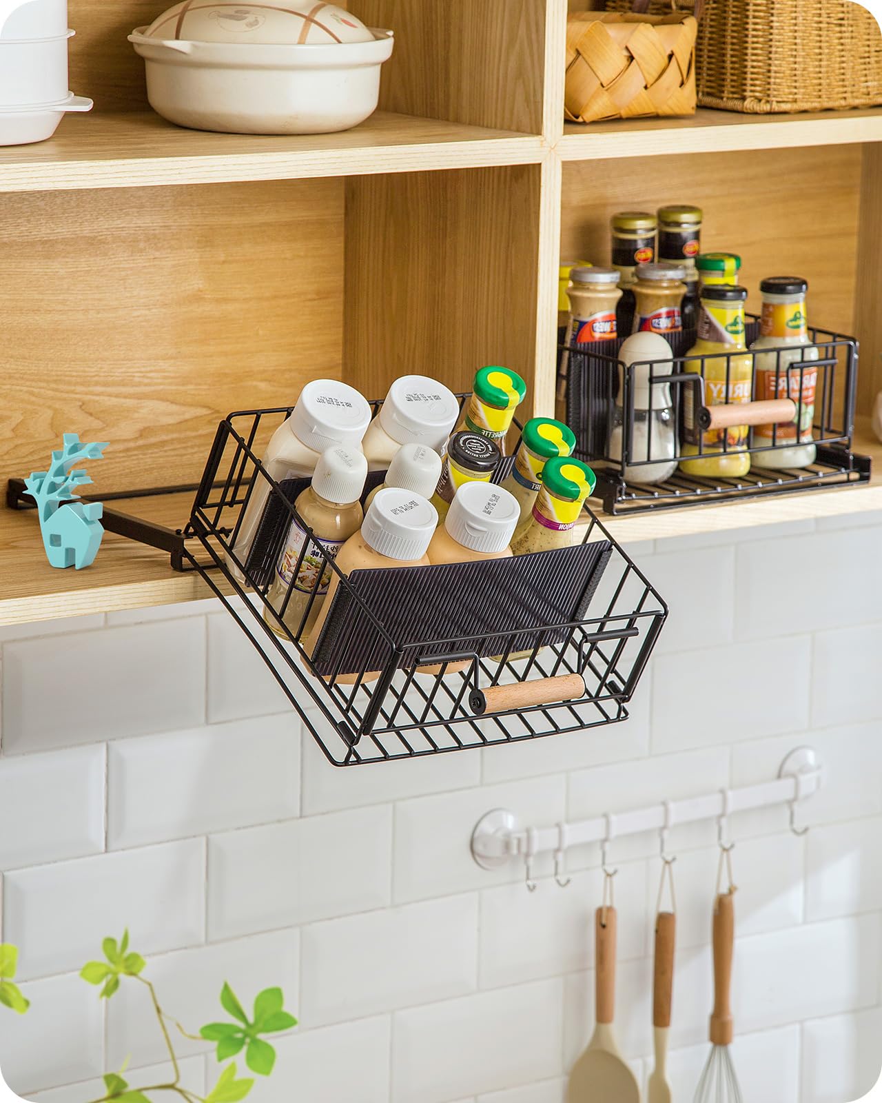 Photo 1 of Baffect Pull Down Cabinet Organizer 2PCS, 20° Sloping Drop Down Spice Rack with 2 Adjustable Dividers, Heavy Duty Sliding Out Storage Basket for Pantry/Cupboard/Upper Cabinet (Metal, Black)