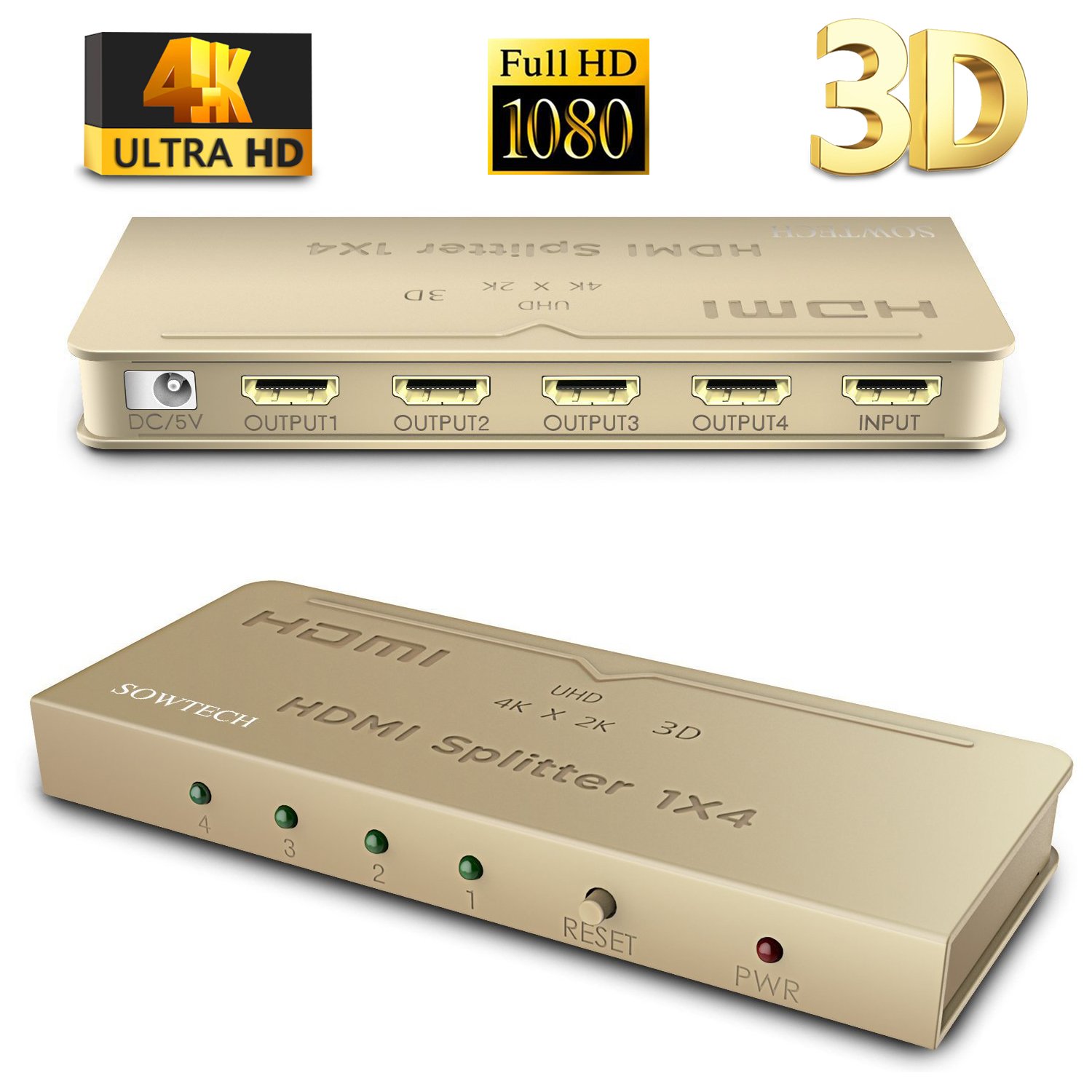 HDMI Splitter SOWTECH 1X4 Ports Powered V1.4b Video Converter with Full Ultra HD 1080P 4K/2K and 3D Resolutions (1 Input to 4 Outputs) - Gold