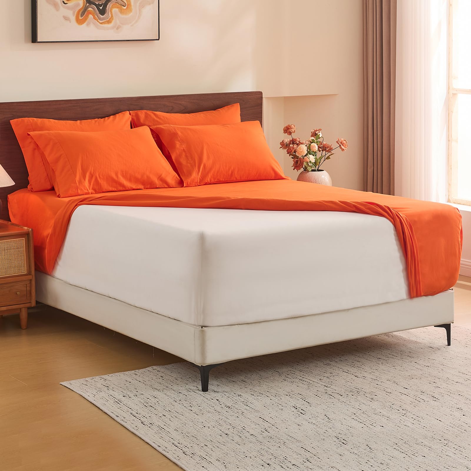 MEISHANG 100% French Pure Linen Sheets California King Size - Extra Deep Pocket Sheet Set, Soft Durable Flax Linen, Anti-Tear Breathable & Oeko-Tex Certified 18-24 Deep Pocket,All Season(Orange) Image