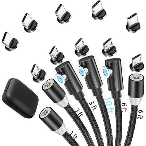 Utotrip Magnetic Charging Cable,(6-Pack,1ft/3ft/3ft/6ft/6ft/10ft) Magnetic Phone Charger,3-in-1 USB Magnetic Cable Compatible Micro USB,Type C(Black,Gen 1)