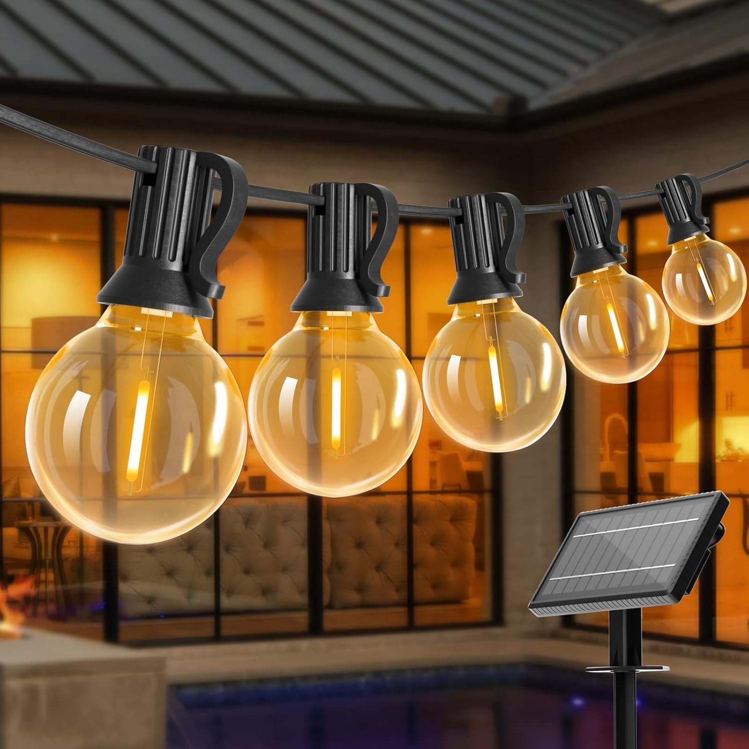 Bomcosy Solar String Lights Outdoor, 15M/50FT 25 LED Solar Festoon Lights Outdoor, Waterproof 4 Modes Garden Lights for Patio Gate Yard Fence Trees Wedding Party Decorations