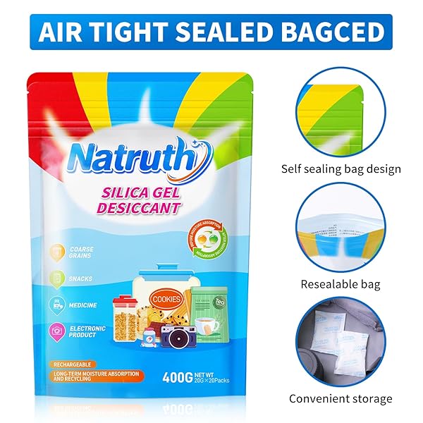 NATRUTH 20 GRAM [20 PACKS] FOOD GRADE SILICA GEL PACKETS WITH COLOR INDICATING BEADS REUSABLE DESICCANT PACKS FOR STORAGE, RECHARGEABLE MOISTURE ABSORBERS FOR FOOD SEEDS SNACKS SPICES JEWELRY