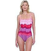 Gottex Golden Hour Stylish Fun Ombre Mock Pleat Women’s Square Neck One Piece Bathing Suit with Tummy Control Swim Essential