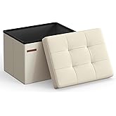 SONGMICS Mazie Collection - Small Folding Storage Ottoman, Foot Rest Stool, 12.2 x 16.1 x 12.2 Inches, 286 lb Load Capacity, for Living Room, Bedroom, Home Office, Dorm, Cream White ULSF102W01