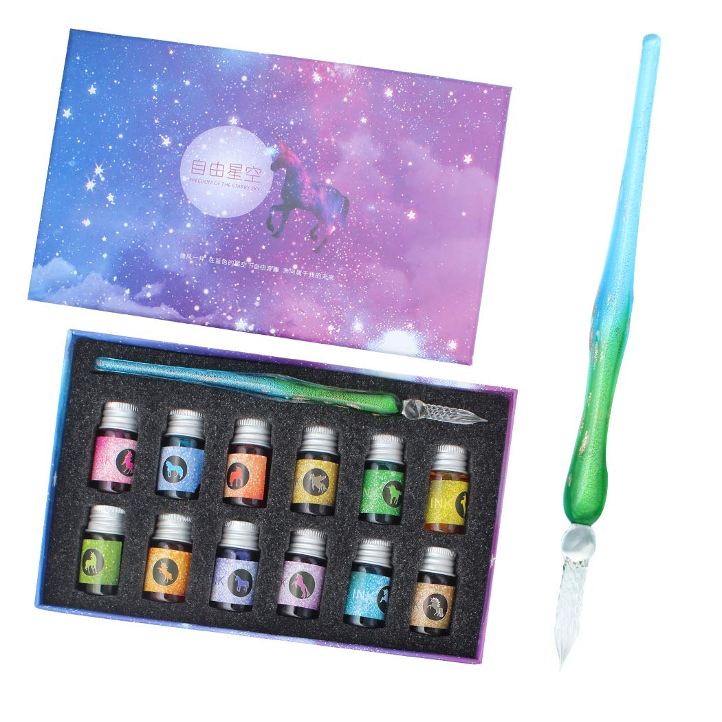 SIPLIV Handmade Glass Dip Pen Set, Crystal Sparkling Signature Drawing Calligraphy Writing Pen, 13 Pcs Gift Set with 12 Colors Ink, 1 Glass Pen - Gradient Green
