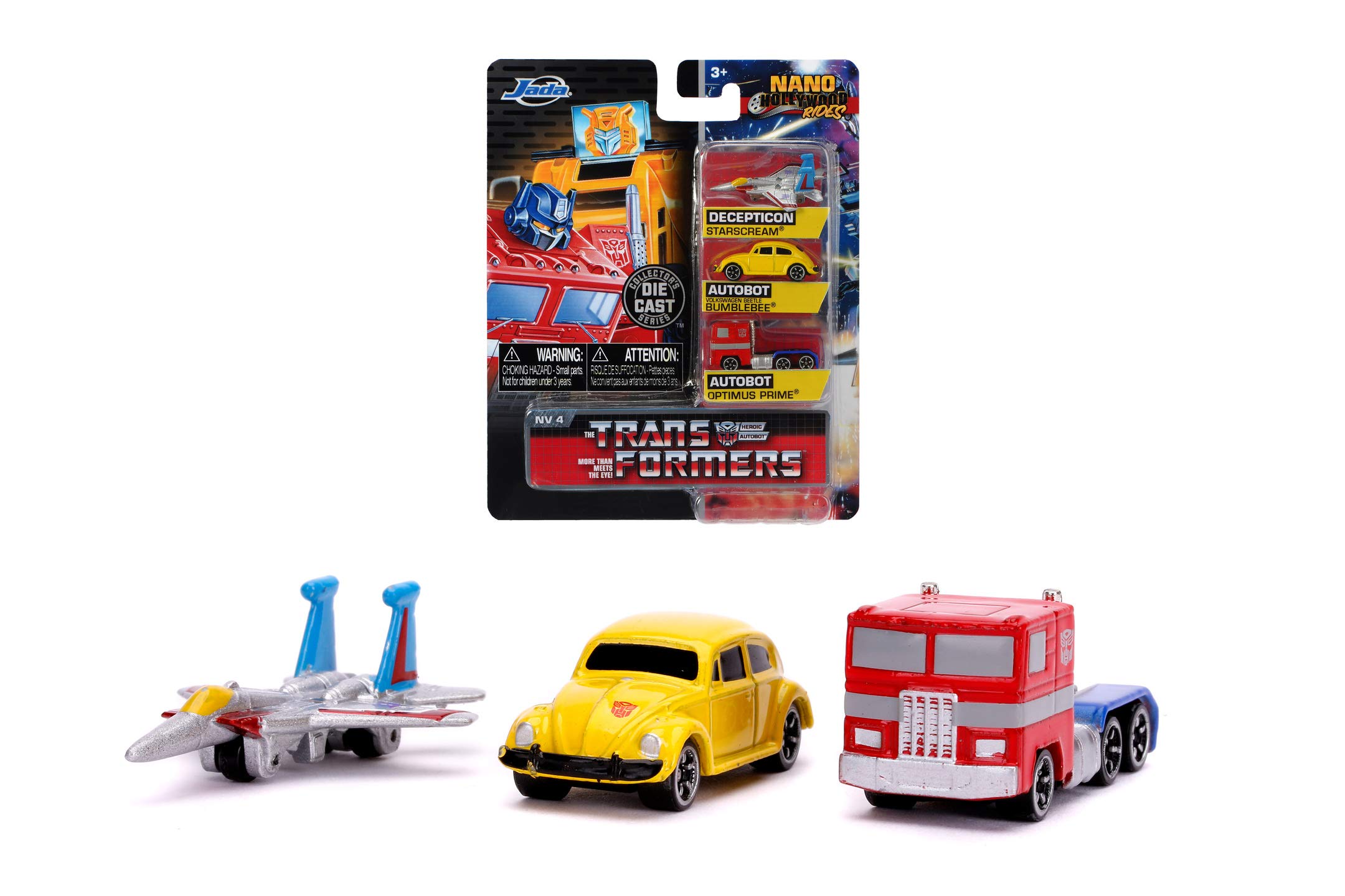 Jada Toys Transformers 253111005 Transformers 3 Nano Collectible Cars from Die-Cast Optimus Prime, Starscream, G1 Bumblebee VW Beetle, Toy Cars, Set, 4 cm, from 8 Years