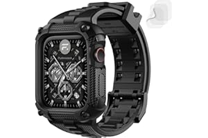 Fullmosa Compatible with Apple Watch Bands 45mm 44mm Series 9/8/7/6/5/4/SE2/SE, TPU Rugged iWatch Strap Military Grade Shockproof Bumper Case with Screen Protector for Men Women (45mm, Black)