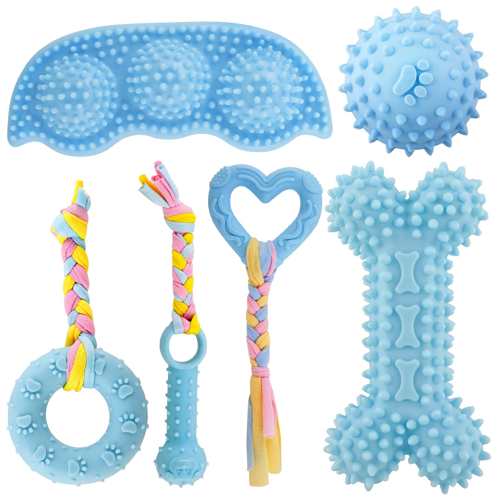 Kapetgo 6 Pack Puppy Chew Toys for Teething Cute Blue Small Dog Toys Soft Rubber Rope Dog Toys Funny Bone Ball Cleaning Teeth Dog Chew Toys Puppy Teething Toys for Puppies (Blue)
