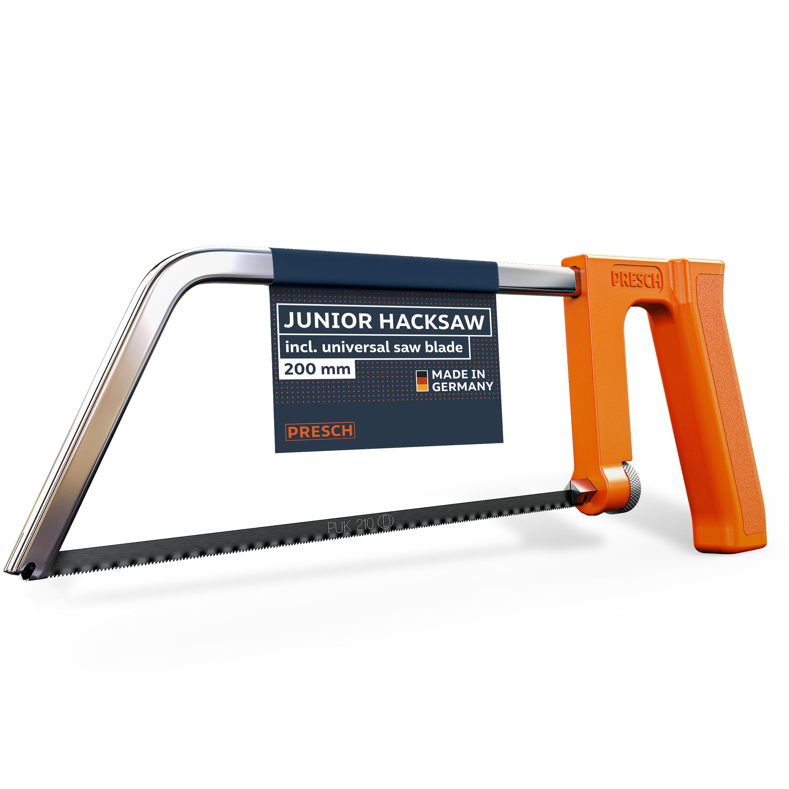 Presch Junior Hacksaw 200mm - with Universal Saw Blade for Precise Work - Quick Change of The Edges - Ergonomic Handle for Better Sawing - Small Hand Saw for All Materials Like Wood, Metal, etc.