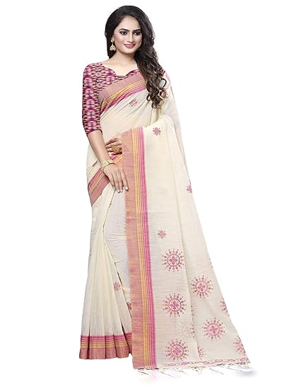 Women's Cotton Silk Saree with Unstitched Blouse Piece (Free size_Off-white_NF27A)