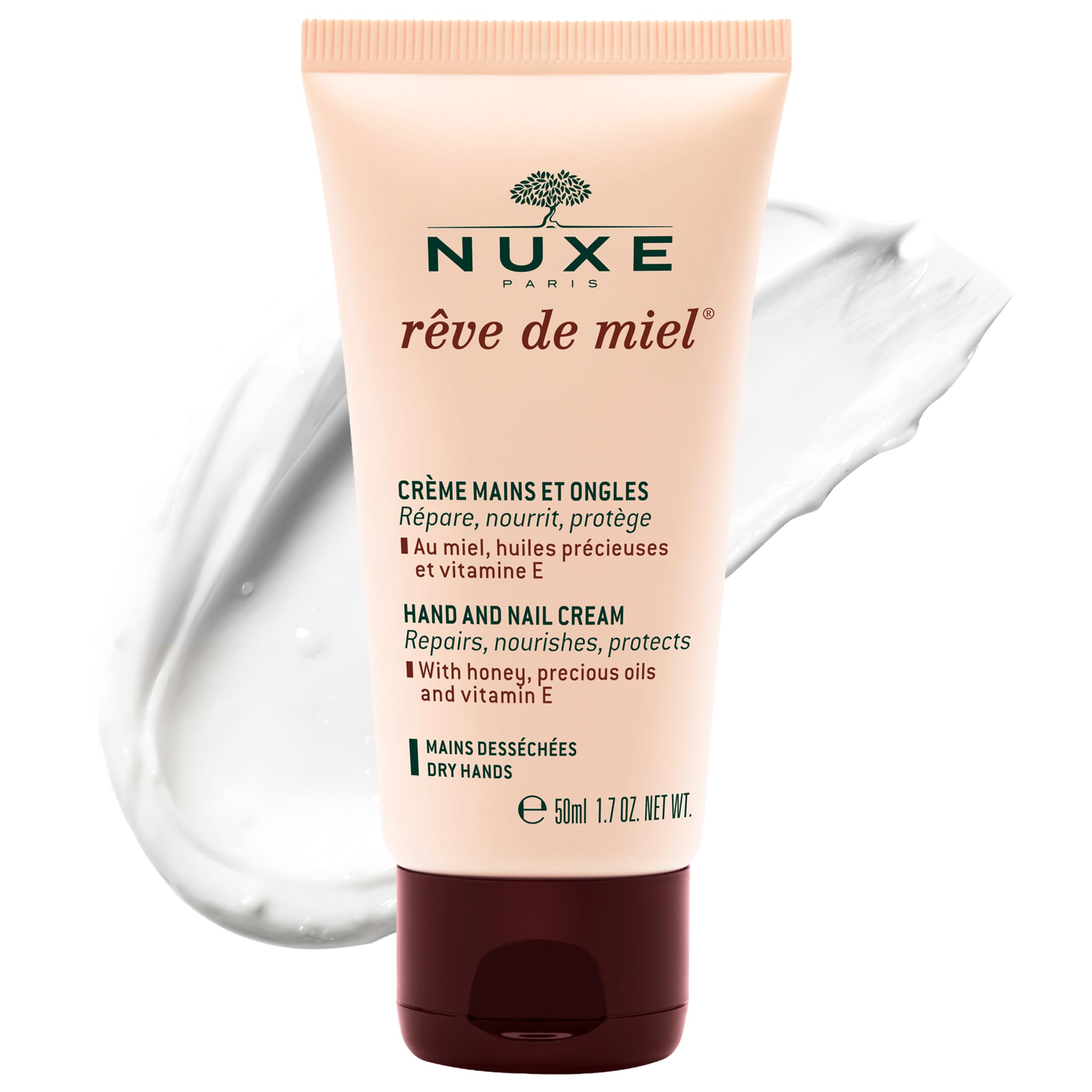 Nuxe Rêve de Miel Hand and Nail Cream 50ml, Repairing Hand Cream, Nourishes & Softens Dry Hands, Strengthens Nails & Cuticles, Vegan Formula