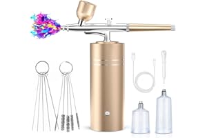 FEHROMINGER Airbrush Kit with Compressor 30PSI Portable Airbrush Gun Rechargeable Handheld Cordless Air Brush for Nails Art, Painting, Cake Decor, Cookie, Mode, Makeup, Barber (Gold)