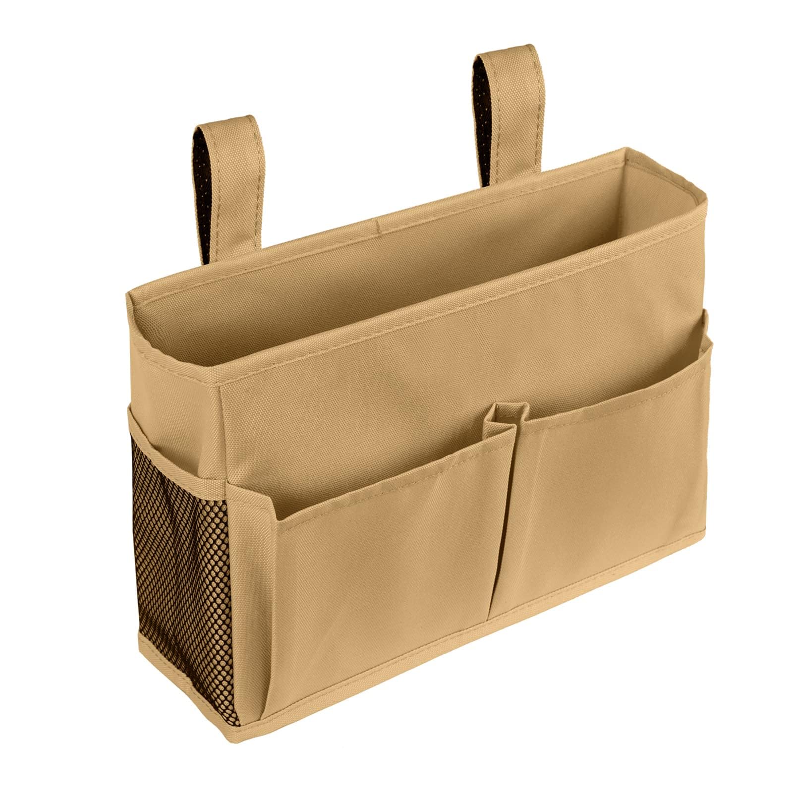 ELEZAY Bedside Caddy 600D Oxford Hanging Large Capacity Bedroom Organiser with 4 Pockets Hook-and-Loop Fastener Straps for Dorm Bunk Bed Crib Stroller 29x20x10CM, Khaki