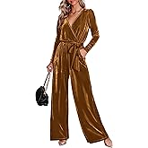 MASCOMODA 2024 Velvet Long Sleeve Wide Leg Jumpsuits for Women Dressy V Neck Belted Romper One Piece Fall Outfits with Pocket
