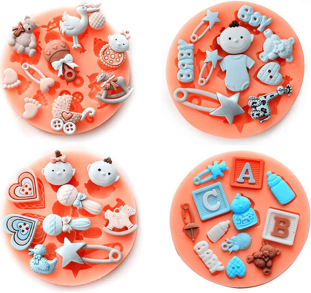 Baby Theme Small Silicone Molds Mini Cake Fondant Molds Cake Decorating Mold,Gummy Sugar Chocolate Candy Cupcake Mold Fondant Mold gumpaste (F484-F485-F489-F490)
