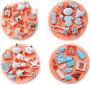 Baby Theme Small Silicone Molds Mini Cake Fondant Molds Cake Decorating Mold,Gummy Sugar Chocolate Candy Cupcake Mold Fondant Mold gumpaste (F484-F485-F489-F490)