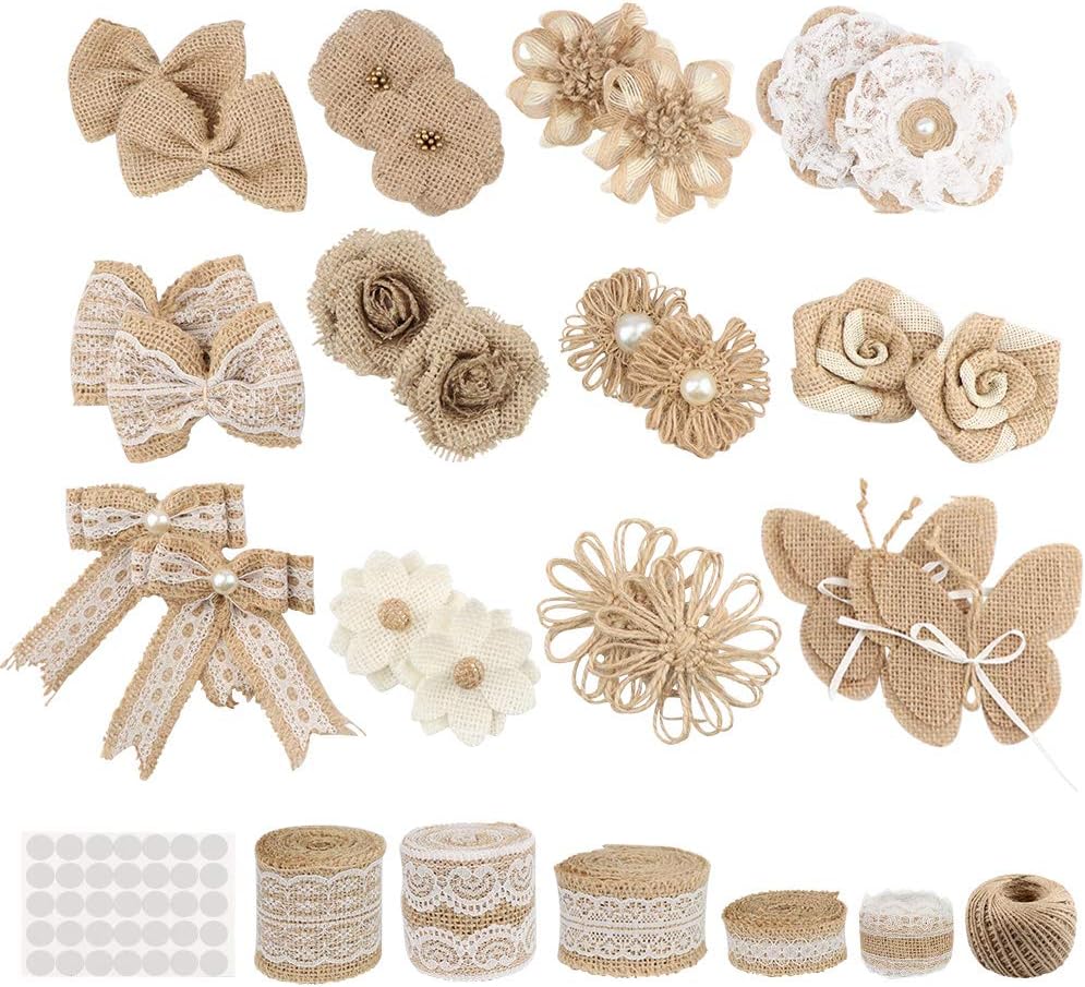GUIFIER Burlap Hessian Flowers Set, 24 Burlap Flowers, 5 Lace Ribbon Rolls, 1 Twine Ribbon