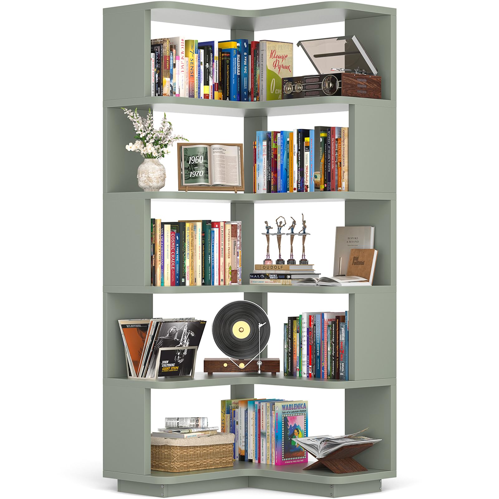 Photo 1 of ***FACTORY SEALED ***Armocity Corner Book Shelf - 6 Tier Corner Bookshelf Etagere Bookcase with Baffle, Freestanding L Shaped Display Shelf Stand for Home Office, Living Room, Bedroom, Kitchen, Crab Green