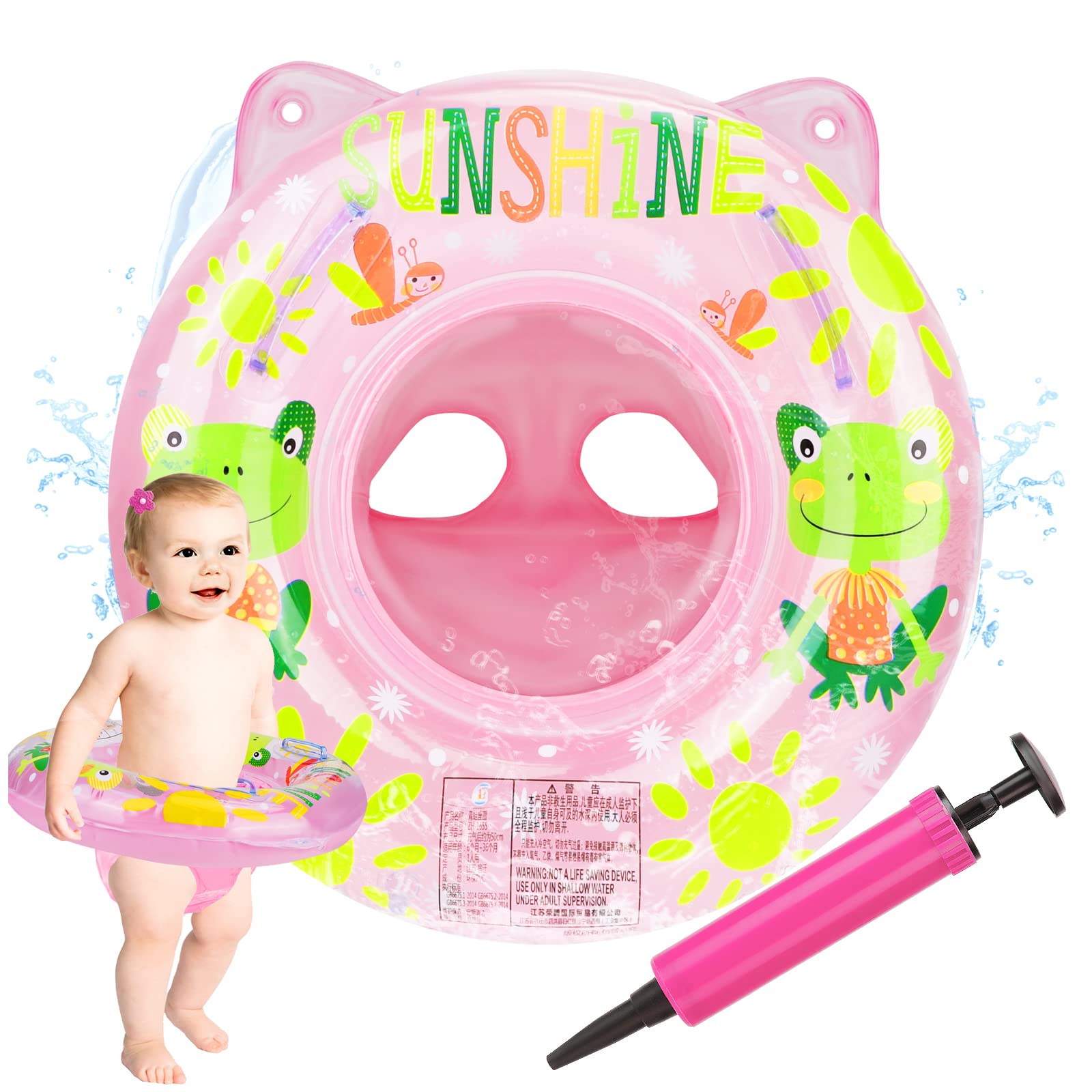 Pwsap Baby Swimming Ring, Cartoon Inflatable Baby Swimming Float PVC Safety Aid Float Seat Circle Swim Float Boat with Inflator and Double Handle for Age 3+ Years Toddler Floating Training, Pink