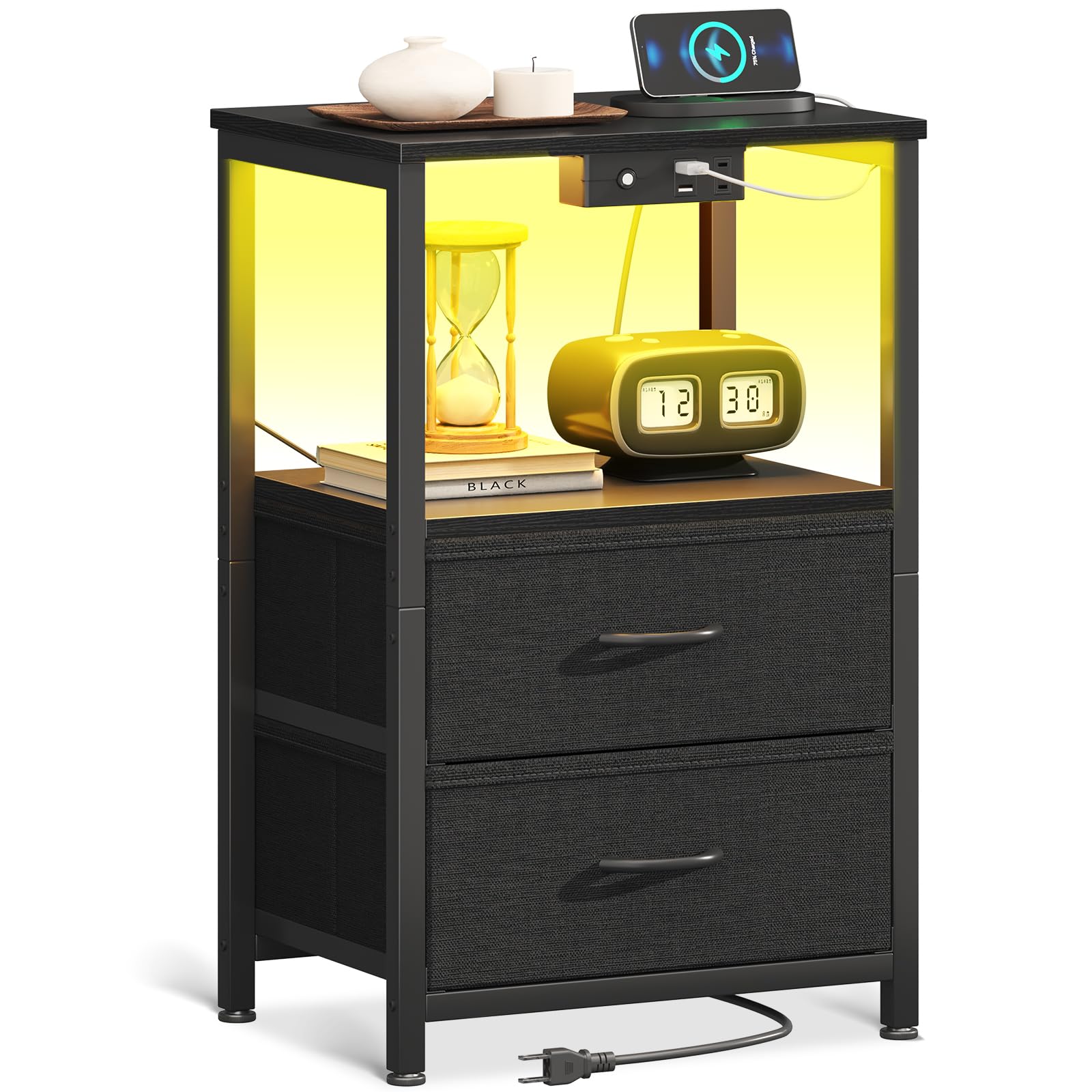 Photo 1 of Casaottima Night Stand with Charging Station and LED Lights, End Table for Bedroom with 2 Fabric Drawers, Small Nightstand with Storage Shelf, Bed Side Bedside Table, Black