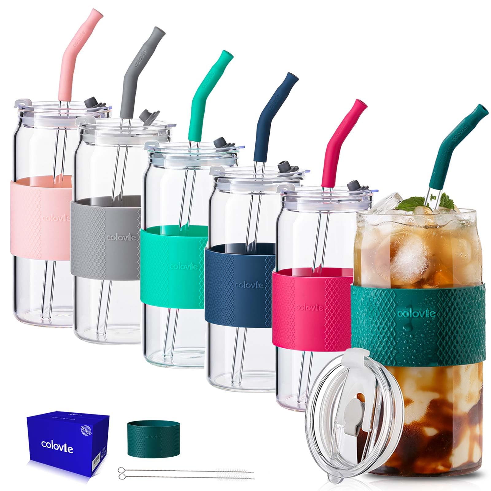 Photo 1 of ColoVie 20oz Mixed Drinking Glasses with 6 Colors, Thicken Reusable Glass Tumblers with Lids and Straws, Removable Silicone Sleeve for Hot or Iced Drinking, Unique Colorful Glass Cups