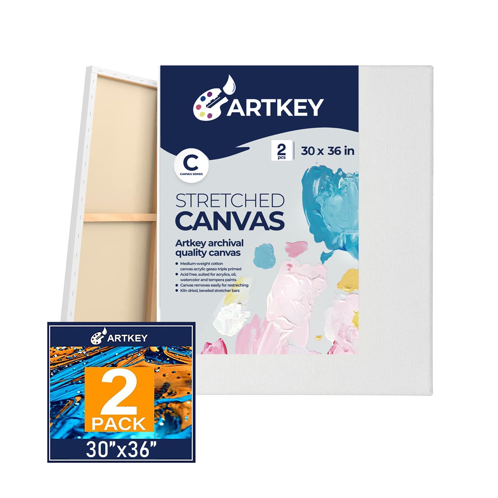 Stretched Canvases for Painting 30x36 Inch 2-Pack, 12.3 oz Triple Primed Acid-Free 100% Cotton Blank Canvas, Art Canvases for Oil Paint Acrylics Pouring & Wet Art Media, Pour Painting Image